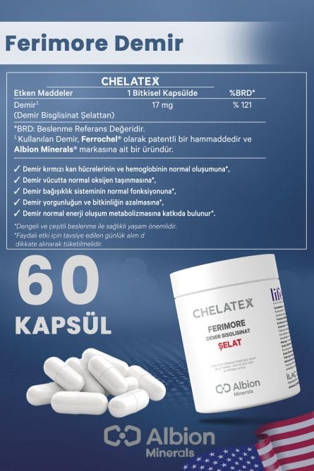 Chelatex Ferimore Demir Bisglisinat Şelat 60 Bitkisel Kapsül - Görsel 2