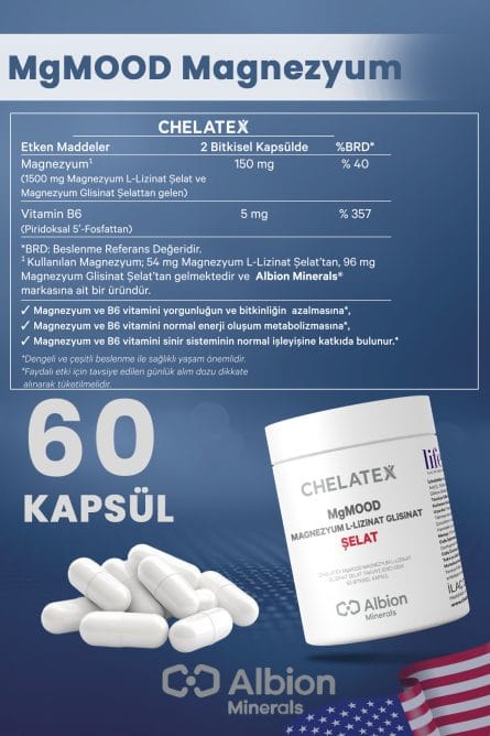 Chelatex MgMood Magnezyum L-Lizinat Glisinat Şelat 60 Bitkisel Kapsül - Görsel 2